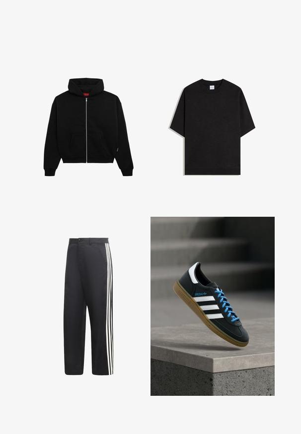 Zwarte zip-up hoodie van zachte stof, met een voorzak, geribbelde boorden en een capuchon met trekkoord. Geen zichtbare patronen of accenten.; Zwart T-shirt met korte mouwen en een geribde kraag en zoom, effen voorkant, gepresenteerd op een witte achtergrond.; Zwarte broek met rechte pijpen en drie witte verticale strepen langs de buitenkant van elk been.; Zwarte Adidas-sneaker met witte strepen, blauwe veters en een gumzool die boven een grijze betonnen trede zweeft in zacht licht.