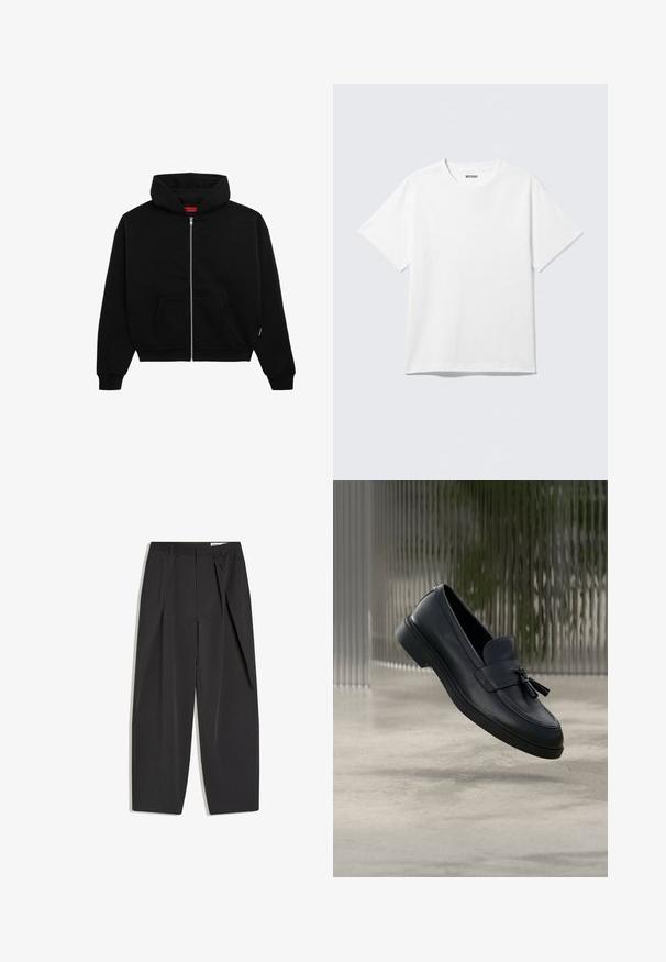 Sort zip-up hoodie lavet af blødt stof, med en frontlomme, ribbede manchetter og en hætte med snørre. Ingen synlige mønstre eller accenter.; Hvid kortærmet crewneck T-shirt lagt fladt ud, ensfarvet design, med "WEEKDAY" mærkat inde i kraven på en lys baggrund.; Sorte sorte bukser med høj talje, skræddersyede med læg, bæltestropper og lige ben, vist fladt på en hvid baggrund.; Sorte læderloafers med en glat tekstur, en rundet tå og dekorative kvaster foran. Fleksibel gummisål med lav hæl.