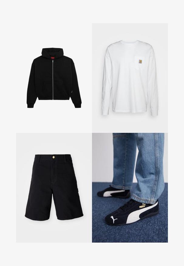 Sort zip-up hoodie lavet af blødt stof, med en frontlomme, ribbede manchetter og en hætte med snørre. Ingen synlige mønstre eller accenter.; Langærmet hvid skjorte lavet af bomuld, med en brystlomme og et kvadratisk logomærke. Simpelt design med rund udskæring og manchetter.; Sorte denim shorts med knaplukning, med lige skæring, sidelommer og forstærket syning for holdbarhed.; Sorte ruskinds sneakers med hvide detaljer og et guldlogo. Båret med lyseblå denimjeans og sat på en struktureret blå overflade.