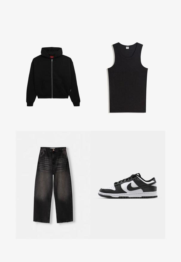Sort zip-up hoodie lavet af blødt stof, med en frontlomme, ribbede manchetter og en hætte med snørre. Ingen synlige mønstre eller accenter.; Sort tanktop lavet af bomuld med rund halsudskæring og ærmeløs design. Glat tekstur uden synlige mønstre eller accenter.; Sorte denim bukser med vid ben, der har et falmet design, fem lommer, knaplukning og subtile slidte detaljer foran.; Sort og hvid Nike Dunk sneakers med læderoverdel, perforeret tå, sorte snørebånd og en sort gummisål med slidbanedesign.