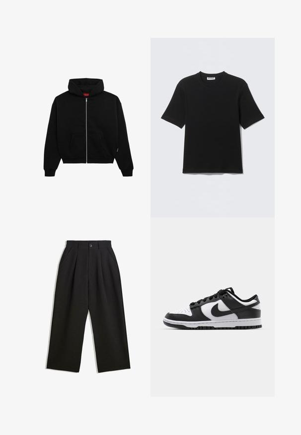 Sort zip-up hoodie lavet af blødt stof, med en frontlomme, ribbede manchetter og en hætte med snørre. Ingen synlige mønstre eller accenter.; Sort kortærmet T-shirt med rund hals og "WEEKDAY" mærke på indersiden af kraven, vist fladt på en lys baggrund.; Sorte bukser med en afslappet pasform, der har plisseringer foran, sidelommer og knaplukning. Fremstillet af tekstureret stof.; Sort og hvid Nike Dunk sneakers med læderoverdel, perforeret tå, sorte snørebånd og en sort gummisål med slidbanedesign.