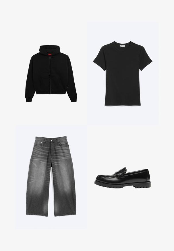 Zwarte zip-up hoodie van zachte stof, met een voorzak, geribbelde boorden en een capuchon met trekkoord. Geen zichtbare patronen of accenten.; Effen zwart T-shirt met korte mouwen en een ronde hals met een Weekday-merklabel in de kraag, getoond op een witte achtergrond.; Wijde uitlopende vervaagde zwarte denim jeans met voorzakken en knoopsluiting, plat uitgespreid op een lichte achtergrond.; Zwarte leren loafer met een dikke rubberen zool en klassieke penny-strap details, gezien vanaf de buitenkant.
