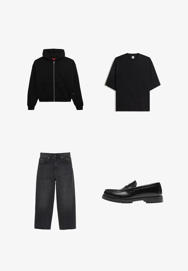 Zwarte zip-up hoodie van zachte stof, met een voorzak, geribbelde boorden en een capuchon met trekkoord. Geen zichtbare patronen of accenten.; Zwart oversized T-shirt met korte mouwen en ronde hals, plat gelegd op een witte achtergrond, met het Bershka-label zichtbaar aan de binnenkant van de kraag.; Zwarte wijduitlopende spijkerbroek met een hoge taille, knopen en ritssluiting aan de voorkant, riemlussen en zakken aan de voor- en achterkant.; Zwarte leren loafer met een dikke rubberen zool en klassieke penny-strap details, gezien vanaf de buitenkant.