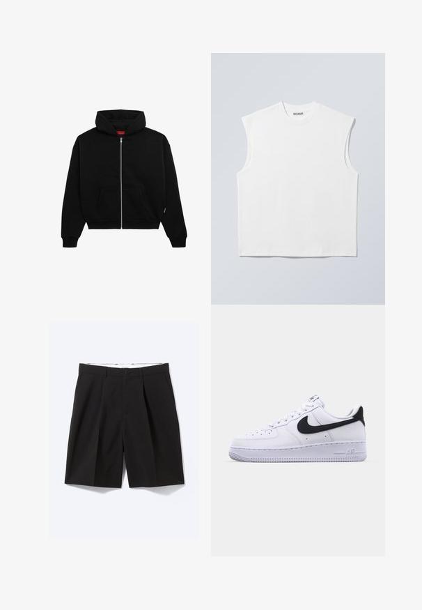 Sort zip-up hoodie lavet af blødt stof, med en frontlomme, ribbede manchetter og en hætte med snørre. Ingen synlige mønstre eller accenter.; Hvid ærmeløs bomulds top med rund hals og markerede skulderpartier, mærket "WEEKDAY" på halsmærket, vist på lys grå baggrund.; Sorte skræddersyede knælange shorts med bæltestropper, sidelommer, knaplukning og forreste plisseringer, lagt fladt på en hvid baggrund.; Hvide lædersneakers med en struktureret sort Swoosh, flade snørebånd og en gummisål med et rillemønster. "AIR" er præget på hælen.