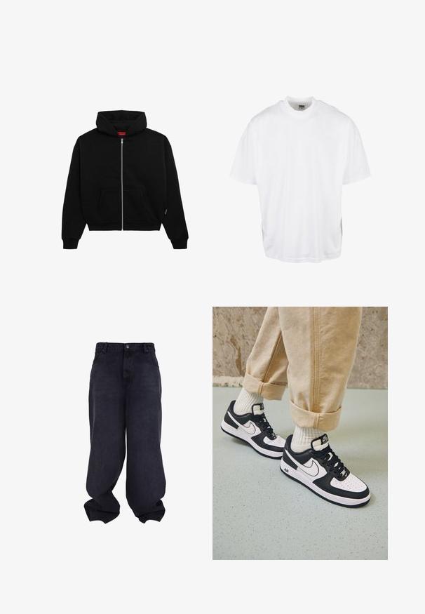 Haut à zip noir en tissu doux, avec une poche avant, des poignets côtelés et une capuche avec cordon de serrage. Pas de motifs ou d'accents visibles.; T-shirt en coton blanc avec une coupe décontractée, des manches courtes et un col rond, présentant un ourlet droit et sans graphiques ni motifs visibles.; Jeans baggy noirs oversize avec fermeture avant à boutons et fermeture éclair, poches avant et jambes larges et amples.; Baskets Nike Air Force 1 en noir et blanc avec un dessus en cuir, orteil perforé et détail de semelle texturée, portées avec un pantalon beige retroussé et des chaussettes blanches.
