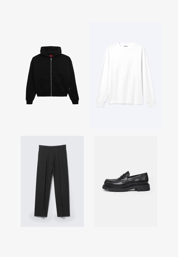 Zwarte zip-up hoodie van zachte stof, met een voorzak, geribbelde boorden en een capuchon met trekkoord. Geen zichtbare patronen of accenten.; Effen wit shirt met lange mouwen, ronde hals en geribde boorden, weergegeven op een neutrale lichte achtergrond.; Zwarte op maat gemaakte broek met plooien aan de voorkant, zijzakken, riemlussen en knoopsluiting in de tailleband op een lichte achtergrond.; Zwarte leren loafer met dikke geribbelde zool en pennyriemdetail, getoond in rechter zijprofiel op witte achtergrond.