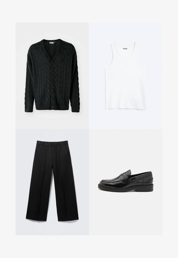 Sort kabelstrikket cardigan med V-hals, knapfront, lange ærmer og ribbede manchetter og kant. Har et tekstureret mønster over det hele.; Hvid ærmeløs tanktop med rund halsudskæring og Weekday-mærke på den indvendige baghals, vist fladt på lys baggrund.; Sorte vidde-bukser med bæltestropper, forlommer og lynlås foran, vist på en lysegrå baggrund.; Sorte læder loafers med en glat finish, rund tå, lav hæl og dekorativ syning langs forsiden. Gummisål for godt greb.
