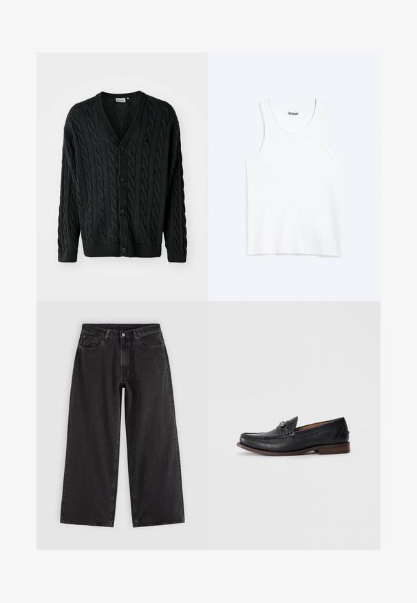 Sort kabelstrikket cardigan med V-hals, knapfront, lange ærmer og ribbede manchetter og kant. Har et tekstureret mønster over det hele.; Hvid ærmeløs tanktop med rund halsudskæring og Weekday-mærke på den indvendige baghals, vist fladt på lys baggrund.; Sorte denim jeans med vide ben, forlommer, bæltestropper og knaplukning, vist på en ensfarvet lys baggrund.; Sorte læder loafers med rund tå, dekorativ hardware på forsiden og en kontrasterende brun sål. Glat tekstur og slip-on design.