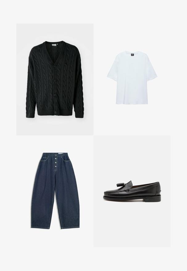 Zwarte kabelgebreide cardigan met een V-hals, knoopsluiting aan de voorkant, lange mouwen en geribbelde manchetten en zoom. Heeft een textuurpatroon over het geheel.; Effen witte oversized T-shirt met korte mouwen, ronde halslijn en een zwart label aan de binnenkant van de kraag, op een witte achtergrond.; Donkerblauwe denim brede broek met een hoge taille, vijfknopen sluiting en vijf zakken. Heeft stiksels op de naden.; Zwarte leren instappers met moccasinstiksels, een ronde neus en een kwastaccent. Platte hak met een gladde textuur, ontworpen voor casual gebruik.