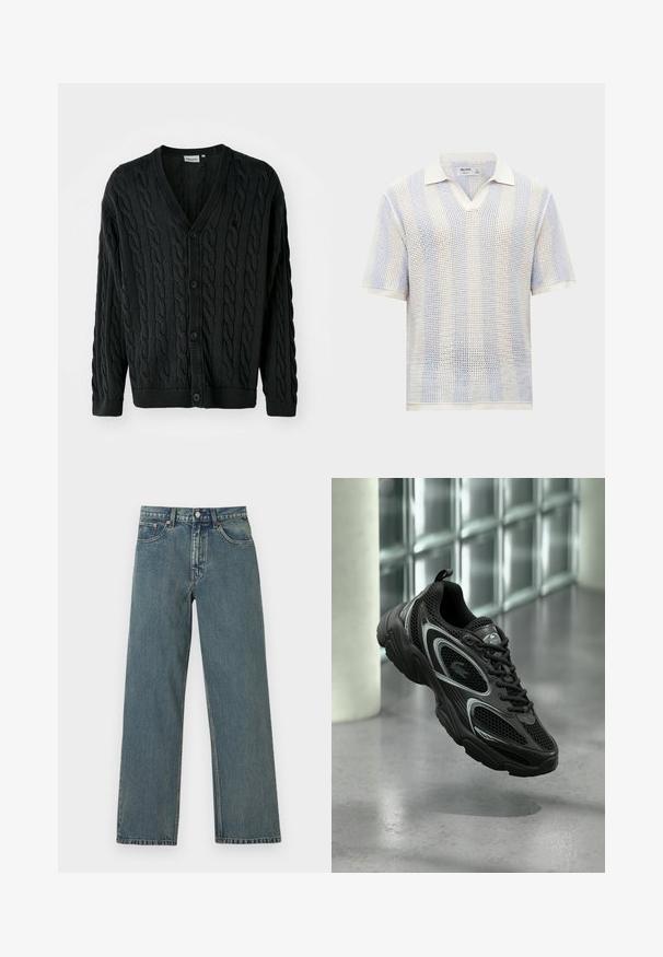 Sort kabelstrikket cardigan med V-hals, knapfront, lange ærmer og ribbede manchetter og kant. Har et tekstureret mønster over det hele.; Herre kortærmet hvid strikket polo med åben krave og tekstureret mesh mønster, mærke Hollister, størrelse medium.; Blå straight-leg denimjeans med fem lommer, knaplukning og bæltestropper på en ensfarvet lys baggrund.; Sort atletiksko med mesh og syntetisk materiale, der har en tekstureret sål, slankt design, sølvdetaljer og snørebånd foran.
