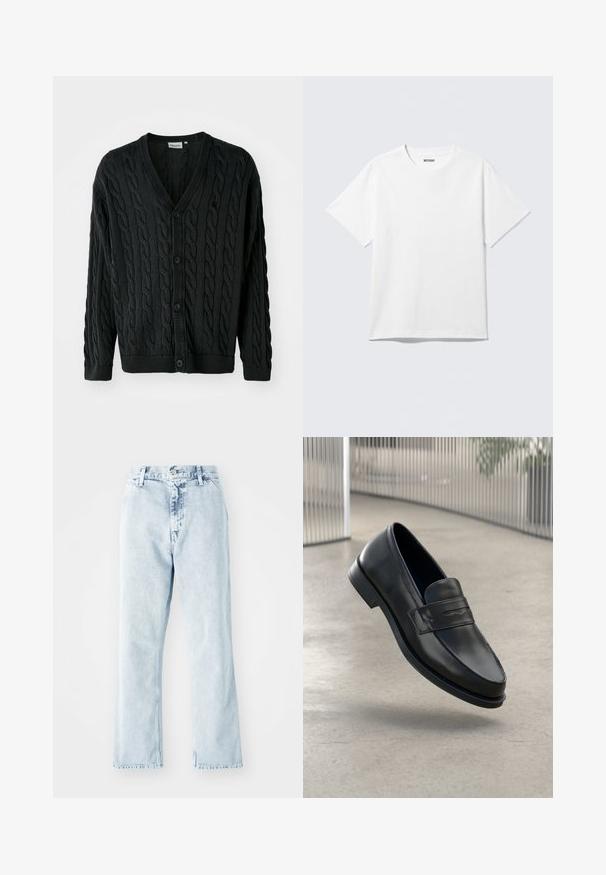 Zwarte kabelgebreide cardigan met een V-hals, knoopsluiting aan de voorkant, lange mouwen en geribbelde manchetten en zoom. Heeft een textuurpatroon over het geheel.; Witte T-shirt met korte mouwen en ronde hals, plat gelegd, effen ontwerp, met een "WEEKDAY" label in de kraag op een lichte achtergrond.; Lichtblauwe denim jeans met een rechte pijp, voorzien van een hoge taille, vijf zakken en een knoopsluiting. Vervaagde textuur overal.; Zwarte leren loafer met een gladde textuur, spitse neus en een decoratieve band over de wreef. Lichtgewicht zool, minimalistisch ontwerp.