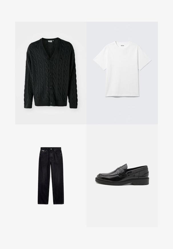 Zwarte kabelgebreide cardigan met een V-hals, knoopsluiting aan de voorkant, lange mouwen en geribbelde manchetten en zoom. Heeft een textuurpatroon over het geheel.; Witte T-shirt met korte mouwen en ronde hals, plat gelegd, effen ontwerp, met een "WEEKDAY" label in de kraag op een lichte achtergrond.; Zwarte jeans met rechte pijpen, vijf zakken, metalen knoop en Calvin Klein-label op het kleine voorzakje.; Zwarte leren instappers met een gladde afwerking, ronde neus, lage hak en decoratieve stiksels aan de voorkant. Rubberen buitenzool voor grip.