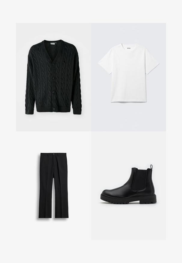 Cardigan en tricot noir à mailles torsadées avec un col en V, une fermeture à boutons, des manches longues et des bords côtelés au niveau des poignets et de l'ourlet. Présente un motif texturé sur l'ensemble.; T-shirt blanc à manches courtes et col rond, étalé à plat, design uni, avec l'étiquette "WEEKDAY" à l'intérieur du col sur un fond clair.; Pantalon de costume noir à jambes droites avec bouton devant, fermeture éclair, passants de ceinture et poches latérales sur fond blanc uni.; Zign by Zalando LEATHER - Bottines - black