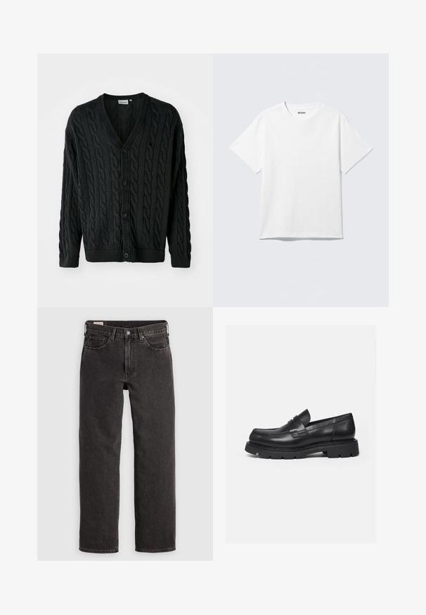 Sort kabelstrikket cardigan med V-hals, knapfront, lange ærmer og ribbede manchetter og kant. Har et tekstureret mønster over det hele.; Hvid kortærmet crewneck T-shirt lagt fladt ud, ensfarvet design, med "WEEKDAY" mærkat inde i kraven på en lys baggrund.; Sorte denim jeans med lige ben, fem lommer og metalbeslag. Stoffet har en let struktur og en ensfarvet finish.; Sort læderloafer med tyk rillede sål og penny-remdetalje, vist i højre sideprofil på hvid baggrund.