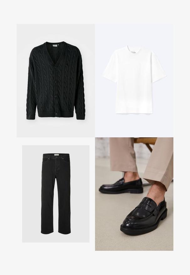 Sort kabelstrikket cardigan med V-hals, knapfront, lange ærmer og ribbede manchetter og kant. Har et tekstureret mønster over det hele.; Enkel hvid T-shirt med korte ærmer og rund hals med afslappet pasform, vist på en lys baggrund.; Sorte denim straight-leg jeans har et klassisk fem-lomme design med knaplukning, minimal syning og en blød tekstur.; Sorte lædermokkasiner med en glat overflade, der har en dekorativ rem og kontraststing, parret med beige bukser.
