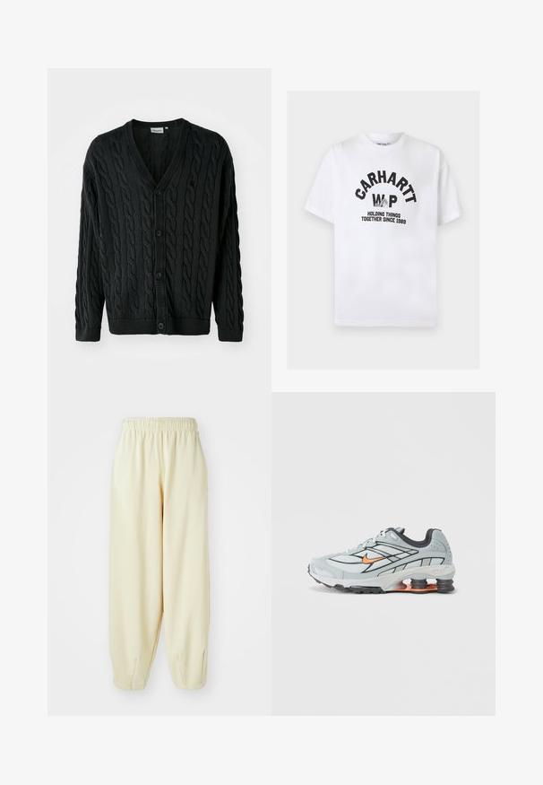 Sort kabelstrikket cardigan med V-hals, knapfront, lange ærmer og ribbede manchetter og kant. Har et tekstureret mønster over det hele.; Hvid kortærmet t-shirt med rund hals med sort tekst "CARHARTT WIP", en grafik af en hånd, der holder stof, og sloganet "HOLDING THINGS TOGETHER SINCE 1989".; Cremefarvede sweatpants med elastisk talje, indsnævrede benmanchetter og løs pasform. Fremstillet af blød, letvægtig stof.; Lyst grå løbesko med sorte detaljer, orange logo, mesh-overdel, polstret krave og gummisål med synlige stødabsorberende enheder.