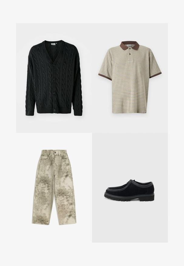 Sort kabelstrikket cardigan med V-hals, knapfront, lange ærmer og ribbede manchetter og kant. Har et tekstureret mønster over det hele.; Kortærmet polo-shirt med tynde, horisontale striber i beige, blå og gul, brun krave og ærmekanter, to-knaps slids.; Bukser med vide ben og høj talje i et afdæmpet grønt og beige mønster. Fremstillet af blødt, struktureret stof med fem lommer og knappelukning.; Sort snøresko i ruskind med tyk gummisål og rund tå, vist fra siden på en lys grå baggrund.