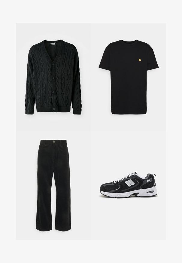 Sort kabelstrikket cardigan med V-hals, knapfront, lange ærmer og ribbede manchetter og kant. Har et tekstureret mønster over det hele.; Sort bomulds t-shirt med korte ærmer, rund halsudskæring og et lille gult logo på venstre brystområde. Enkel design og almindelig pasform.; Sorte cordfløjsbukser med vide ben og en glat tekstur, med knaplukning foran og to sidelommer.; Sorte og grå sportssko med mesh og ruskind på overdelen, der har en hvid mellemsål, snørebånd og et iøjnefaldende "N" logo på siden.