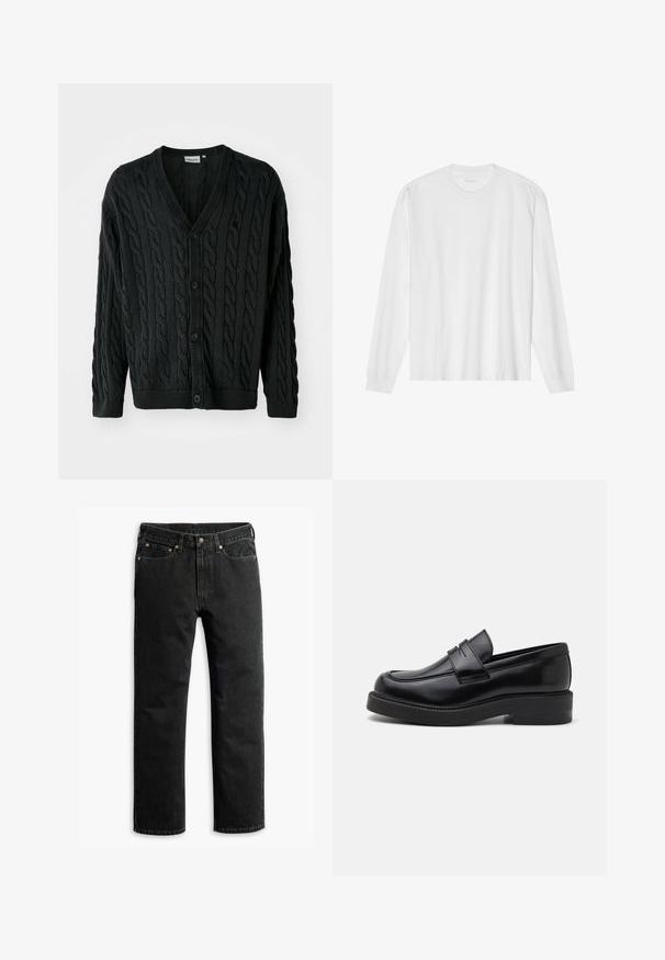 Sort kabelstrikket cardigan med V-hals, knapfront, lange ærmer og ribbede manchetter og kant. Har et tekstureret mønster over det hele.; Hvid, langærmet t-shirt i bomuld med rund hals, med ribbede ærmeafslutninger og en lige kant, glat tekstur og minimalistisk design.; Sorte lige ben denim jeans med fem lommer, bæltestropper og en knaplukning i taljen, lagt fladt på en hvid baggrund.; Sorte læder loafers med en rund tå, dekorativ forkantssyning og en tyk gummisål. Glat tekstur med en poleret finish.
