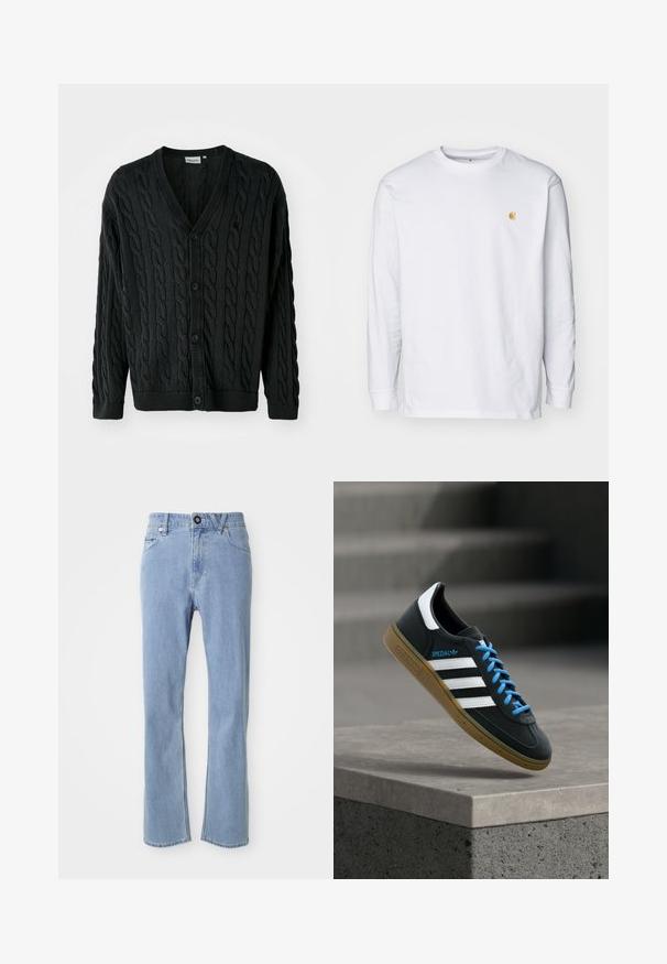 Sort kabelstrikket cardigan med V-hals, knapfront, lange ærmer og ribbede manchetter og kant. Har et tekstureret mønster over det hele.; Hvid langærmet t-shirt lavet af bomuld. Har et lille gyldent logo på brystet og en rund halsudskæring. Enkel design og standard pasform.; Lyseblå denim jeans med lige ben design, fem lomme stil, enkelt knaplukning og diskret falmning.; Sort Adidas sneaker med hvide striber, blå snørebånd og gummisål, der svæver over gråt betontrin i blødt lys.