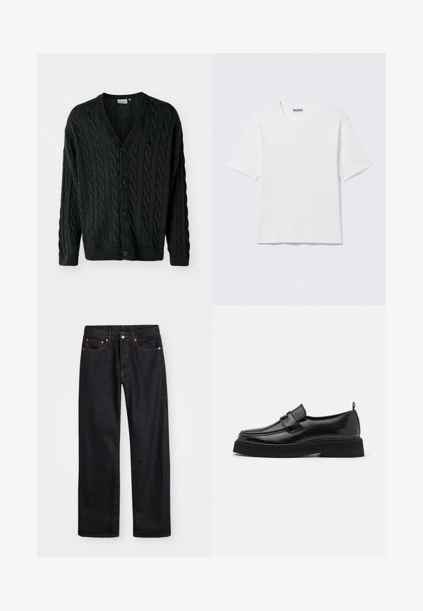 Sort kabelstrikket cardigan med V-hals, knapfront, lange ærmer og ribbede manchetter og kant. Har et tekstureret mønster over det hele.; Hvid, kortærmet t-shirt med rund hals og et lille "WEEKDAY"-mærke på indersiden af bagkraven, vist på en flad overflade.; Mænds lige ben sorte denim jeans med fem lommer og orange syninger, knap- og lynlåslukning foran på taljen.; Sorte læder loafersko i stil med flad, tekstureret sål, med en syet tå og en rem over vristen.