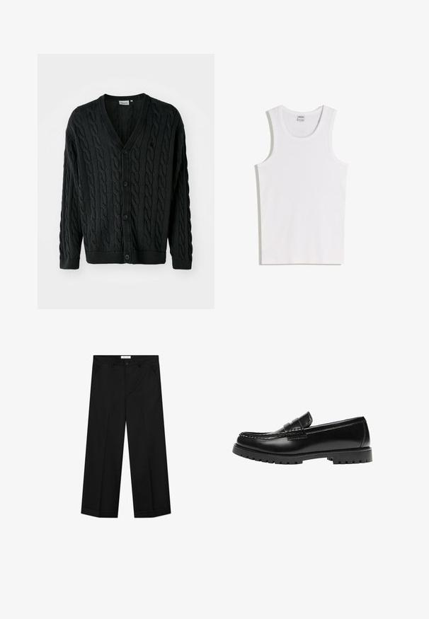 Sort kabelstrikket cardigan med V-hals, knapfront, lange ærmer og ribbede manchetter og kant. Har et tekstureret mønster over det hele.; Hvid bomulds tanktop med rund halsudskæring og brede skulderstropper. Glat tekstur, uden mønstre eller detaljer, enkelt design.; Sorte bukser med vide ben lavet af et glat materiale, med forlommer, knaplåsning og en presset rille ned langs hvert ben.; Sort læderloafer med en kraftig gummisål og klassiske penny-strap detaljer, vist fra ydersiden.