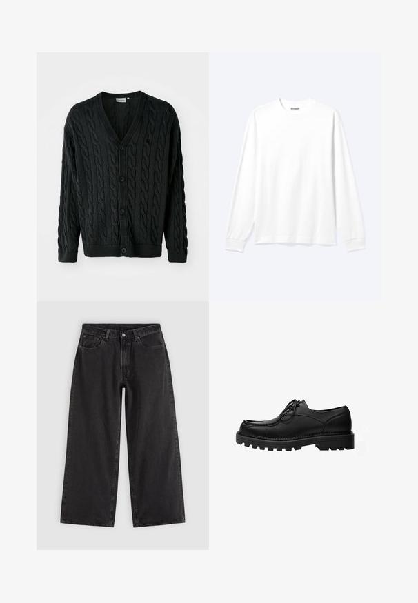Cardigan en tricot noir à mailles torsadées avec un col en V, une fermeture à boutons, des manches longues et des bords côtelés au niveau des poignets et de l'ourlet. Présente un motif texturé sur l'ensemble.; Chemise blanche unie à manches longues avec col rond et poignets côtelés, présentée sur un fond clair neutre.; Jean en denim noir à jambes larges avec poches avant, passants pour ceinture et fermeture par boutons, présenté sur un fond clair uni.; Chaussure noire en cuir à lacets avec une semelle épaisse et robuste et des coutures détaillées sur la tige, conçue pour un usage formel ou décontracté.
