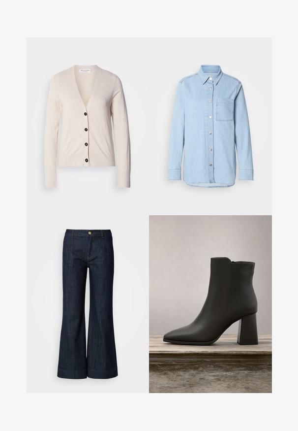 Beige kardigan, mis on valmistatud pehmest kangast, V-kaelusega, pikkade varrukatega ja mustade nuppudega ees. Sujuv tekstuur, minimalistlik disain.; Heledsinine denimsärk nööpidega ees, terava kraega, ühe rinna- taskuga ja pikkade varrukatega, millel on nööbid mansettides.; Tumedate denim püksid, millel on flared-disain, nuppude sulgemine, oranž õmblus ja mansetid. Sile tekstuur ja klassikaline stiil.; Must mustaankeliga saapad terava ninaga ja ploki kontsaga, mis omavad tekstureeritud musta sektsiooni ja siledat ülemist pinda.
