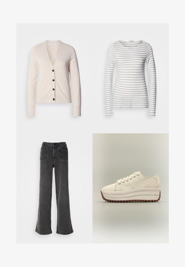 Beige kardigan, mis on valmistatud pehmest kangast, V-kaelusega, pikkade varrukatega ja mustade nuppudega ees. Sujuv tekstuur, minimalistlik disain.; Röstripeeritud pikkade varrukatega top pehmest kangast, millel on vahelduvad heledates hallides ja valgetes triipudes. Ümar kaelus ja liibuv disain koos täispikkade varrukatega.; Kõrge vöökohaga, laiad mustad teksad, mis on valmistatud denimist, sisaldavad nupuvajutust, vöökelle ja kahte tagakotti, millel on tikitud detailid.; Kreemikas platvorm-aitsakesed paksu valge tallaga ja pruuni sikksakilise mustriga, paeltega sulgumise ja lõuendmaterjalist pealsega.