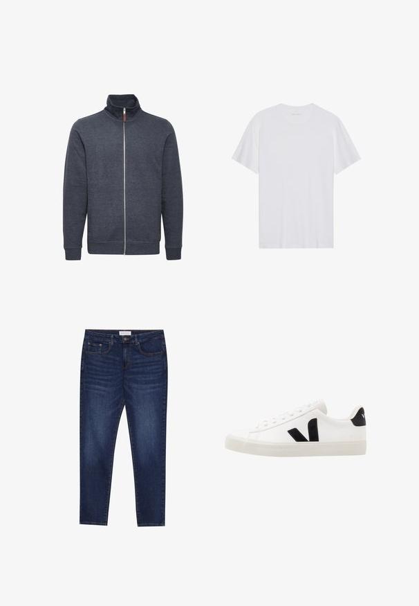 Donkergrijze zip-up sweatshirt met een hoge kraag, voorzien van zijzakken en geribde manchetten. Gemaakt van zachte, gestructureerde stof.; Witte katoenen T-shirt met korte mouwen, een ronde hals en een gladde textuur. Heeft minimale branding op de halslijn.; Donkerblauwe slim-fit jeans met vijf zakken, knoopsluiting en contrasterende stiksels, gelabeld Pier One op de tailleband.; Witte leren sneaker met zwarte suède accenten; voorzien van een rubberen zool, ronde neus en een klassieke vetersluiting. Zijkant met logo in het zwart.