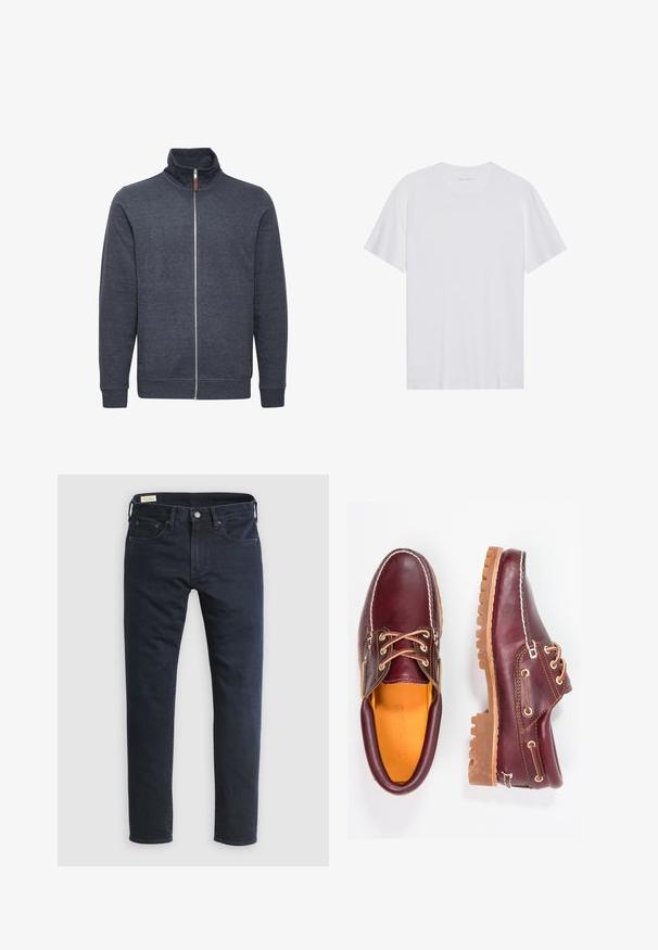 Donkergrijze zip-up sweatshirt met een hoge kraag, voorzien van zijzakken en geribde manchetten. Gemaakt van zachte, gestructureerde stof.; Witte katoenen T-shirt met korte mouwen, een ronde hals en een gladde textuur. Heeft minimale branding op de halslijn.; Donkerblauwe denim jeans met een rechte pijp, ontwerp met vijf zakken, knoopsluiting aan de voorkant en minimale stiksel details.; Bordeaux leren schoenen met bruine rubberen zolen, ronde neus, witte stiksels en gouden veterogen. Het interieur heeft een gele voering.