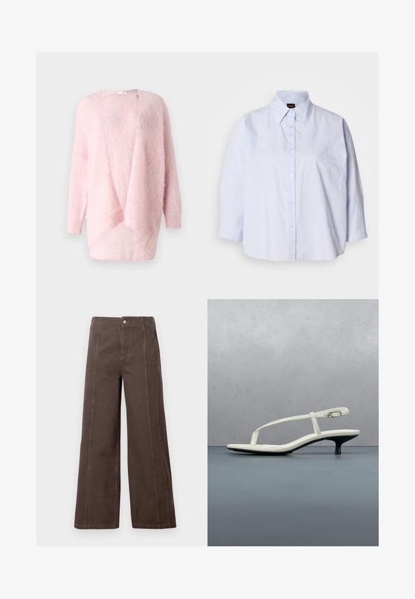 Lyse pink strikket cardigan, åben front, lange ærmer, blød tekstur, draperet design med en afslappet pasform. Ingen lukninger eller dekorationer.; Lyseblå skjorte med krave, knappelukning foran, raglanærmer og et glat, krølfrit stof. Har diskret broderi på kanten.; Brune viddebukser lavet af glat stof, med sømme foran og en enkelt metalknap lukning i taljen.; Hvid sandal med stropper og kitten-hæl med spids tå, svævende over et trægulv udendørs med en sløret plante og væg i baggrunden.