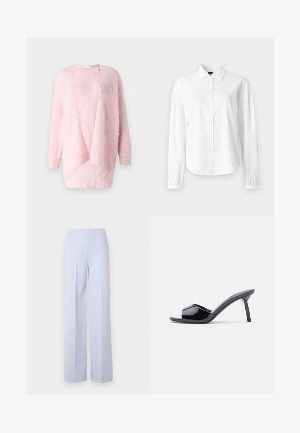 Lyse pink strikket cardigan, åben front, lange ærmer, blød tekstur, draperet design med en afslappet pasform. Ingen lukninger eller dekorationer.; Hvid langærmet skjorte med krave, knaplukning foran og snerrede manchetter. Fremstillet af blødt, letvægtsmateriale med en glat tekstur.; Lyseblå bredbugede bukser lavet af blødt stof, med en høj talje og frontfolder for ekstra strukturer.; Sorte laklæder sandaletter med åben tå, der har et buet overdesign og en spids stilethæl. Glat, blank finish.