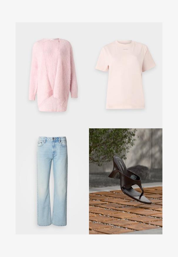 Lichtroze gebreide cardigan, open voorkant, lange mouwen, zachte textuur, gedrapeerd ontwerp met een ontspannen pasvorm. Geen sluitingen of versieringen.; Lichtroze katoenen t-shirt met een ronde hals, korte mouwen, en een klein "Calvin Klein" logo gedrukt in een bijpassende kleur op de borst.; Lichtblauwe wijde jeans van denim, voorzien van een klassiek vijf-pocket ontwerp en een subtiele vervaagde textuur. Denimstiksels zijn zichtbaar.; Bruine Calvin Klein teenslipper met hak, hangend boven houten tegels en grind op een buitenvloer met een vage achtergrond van groen en stenen.