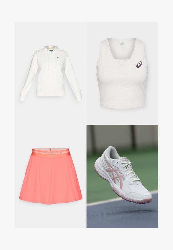 Weißer Reißverschluss-Hoodie mit Fronttaschen, Kapuze mit Kordelzug und einem kleinen grünen Krokodil-Logo auf der linken Brust.; Weißes ärmelloses sportliches Crop-Top mit dezentem Texturmuster und dunklem Asics-Logo auf der oberen linken Brustseite.; Rosa Sportrock aus geripptem Stoff. Verfügt über einen breiten elastischen Bund mit Logo und ein ausgestelltes Design für Bewegungsfreiheit.; Weißer Sportschuh mit pinken Akzenten, synthetisches Material, runde Zehenbox, Netzseiten und strukturierte Sohle. Vorderes Schnürsystem und ASICS-Logo sichtbar.