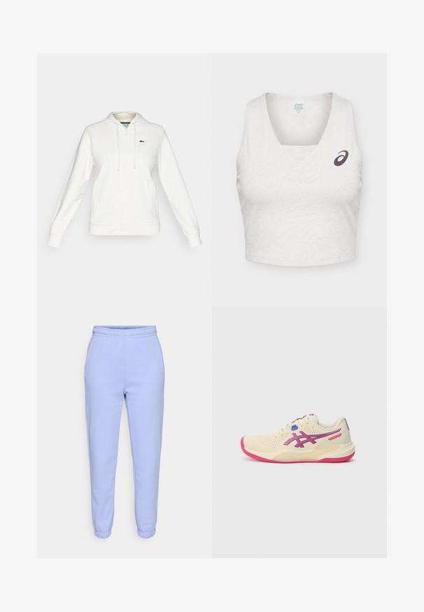 Weißer Reißverschluss-Hoodie mit Fronttaschen, Kapuze mit Kordelzug und einem kleinen grünen Krokodil-Logo auf der linken Brust.; Weißes ärmelloses sportliches Crop-Top mit dezentem Texturmuster und dunklem Asics-Logo auf der oberen linken Brustseite.; Helle blaue Jogginghosen aus weichem Material, mit einem elastischen Bund und schmal zulaufenden Säumen. Keine sichtbaren Muster oder Hardware-Details.; Cremefarbene Sportschuh mit einer rosa Sohle, blauen und lila Akzenten, perforiertem Obermaterial und abgerundetem Zehenbereich.