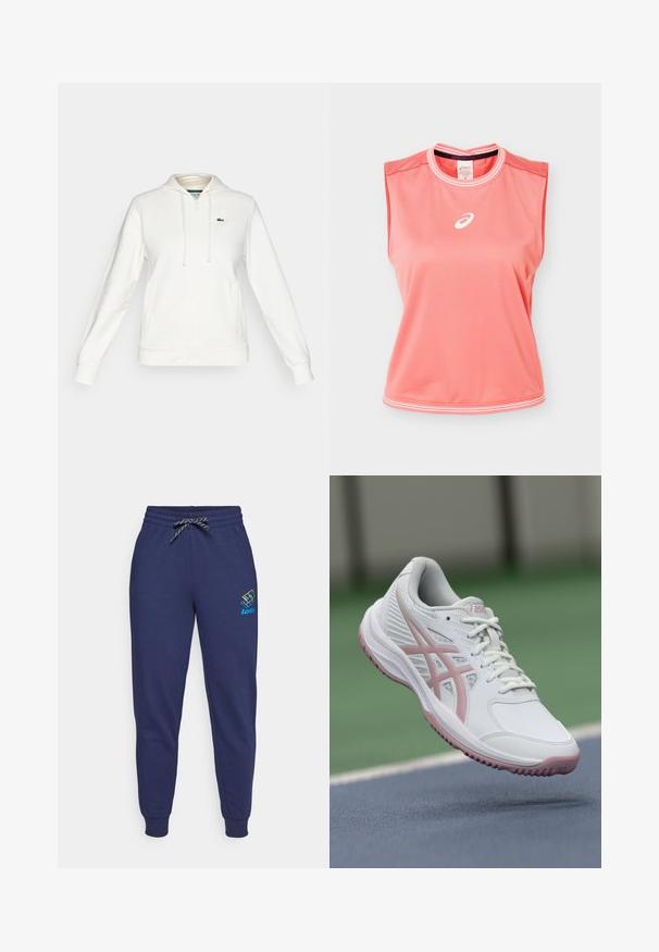 Sudadera blanca con cremallera, bolsillos frontales, capucha con cordón y un pequeño logo de cocodrilo verde en el lado izquierdo del pecho.; Camiseta deportiva sin mangas color coral rosa con ribetes blancos en el cuello y el dobladillo, con el logo blanco de Asics centrado en el pecho.; Pantalones de chándal azul marino con cintura ajustable y puños en los tobillos. Presenta un logo de Lotto en colores vibrantes en el muslo izquierdo. Hechos de una tela suave.; Zapatilla deportiva blanca con toques rosas, material sintético, punta redondeada, lados de malla y suela texturizada. Cordones en la parte frontal y marca ASICS visible.