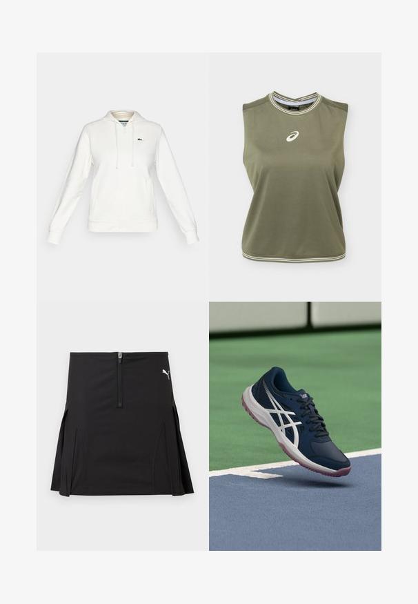 Sudadera blanca con cremallera, bolsillos frontales, capucha con cordón y un pequeño logo de cocodrilo verde en el lado izquierdo del pecho.; Top atlético sin mangas de color verde oliva con logo blanco de Asics centrado en el pecho, escote redondo con rayas blancas y dobladillo.; Falda deportiva negra con cremallera frontal y pliegues laterales, con un logo blanco de Puma en la parte superior derecha.; Zapatilla deportiva azul oscuro con rayas blancas y suela rosa levitando sobre una pista de tenis cerca de la línea de fondo.