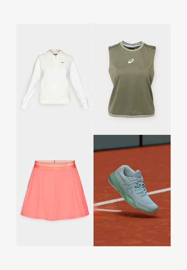 Sudadera blanca con cremallera, bolsillos frontales, capucha con cordón y un pequeño logo de cocodrilo verde en el lado izquierdo del pecho.; Top atlético sin mangas de color verde oliva con logo blanco de Asics centrado en el pecho, escote redondo con rayas blancas y dobladillo.; Falda deportiva rosa hecha de tela acanalada. Cuenta con una cinturilla elástica ancha con un logo y un diseño acampanado para facilitar el movimiento.; Zapatilla de tenis azul clara levantando polvo de arcilla en una pista de tenis naranja cerca de una línea blanca de límite.