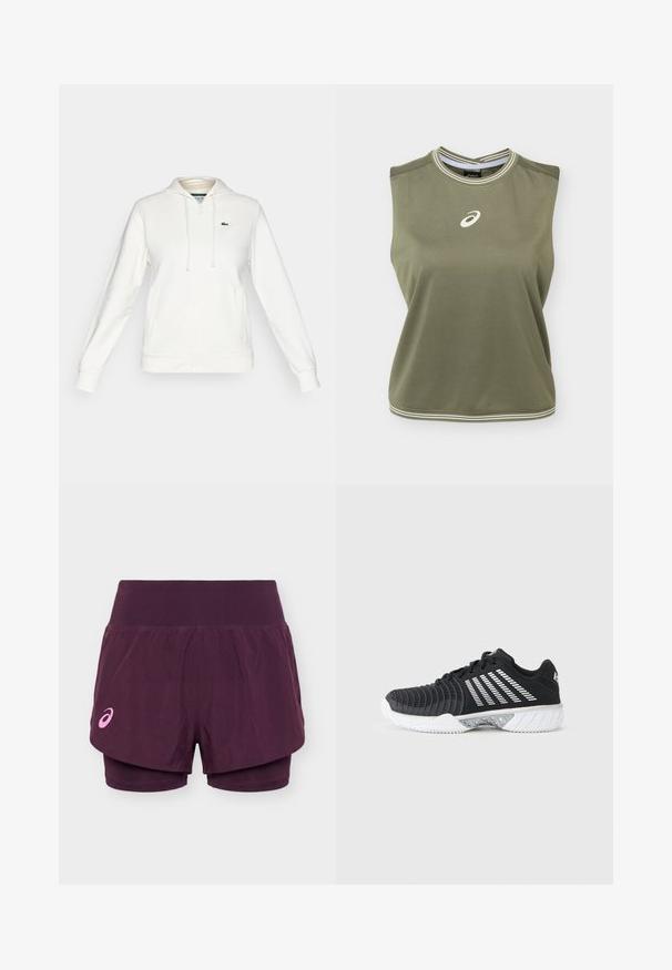 Hvid zip-up hættetrøje med forlommer, snoretræk i huen og et lille grønt krokodillelogo på venstre bryst.; Ærmeløs olivengrøn sports-top med hvidt Asics-logo centreret på brystet, hvidstribet rund halsudskæring og kant.; Lilla dobbeltlags løbeshorts med bredt linning og lille lyserødt Asics-logo på venstre ben.; Sort atletiksko med hvid sål, diagonale hvide striber på siden, struktureret tåhætte og snørelukning på en grå baggrund.