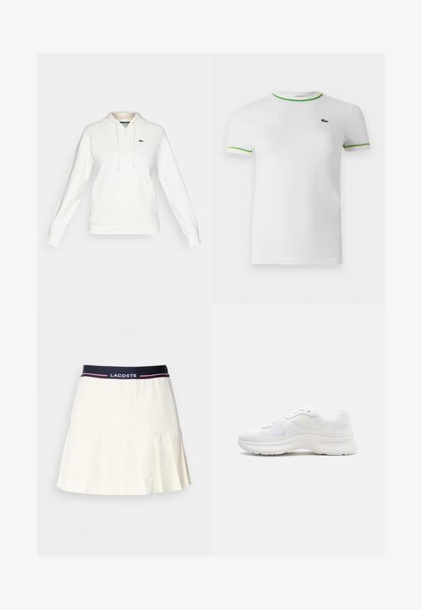 Witte hoodie met ritssluiting, voorzakken, een capuchon met trekkoord en een klein groen krokodillenlogo op de linkerkant van de borst.; Witte katoenen t-shirt met korte mouwen, een ronde hals en groene en gele ribbelaccenten bij de kraag en de mouwen. Lacoste-logo op de borst.; Witte geplooide rok met een marineblauwe tailleband, voorzien van een Lacoste-logo en rode accenten. Gemaakt van een gladde, zachte stof.; Witte lage sneakers voor atletiek met bovenwerk van mesh en gestructureerde stof, gewatteerde zool en veterclosure, zijwaarts bekeken.