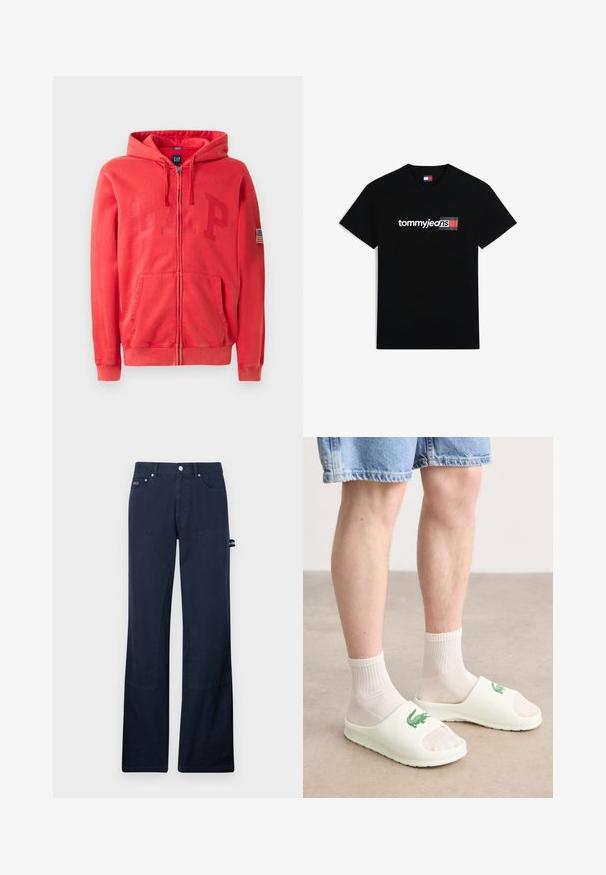 Sudadera con cremallera roja y un gran logo en relieve "GAP" en la parte delantera, además de un pequeño parche de la bandera americana en la manga izquierda. Material de mezcla de algodón.; Camiseta negra de manga corta con el texto "tommyjeans" y un logo rectangular en rojo, blanco y azul en el pecho.; Pantalones de algodón azul marino con piernas rectas, que cuentan con bolsillos frontales, detalles de costura y un lazo lateral para sujetar herramientas.; Chanclas blancas sin puntera, con un logo verde, llevadas con calcetines blancos de canalé y pantalones cortos de mezclilla. Material suave y suela plana.