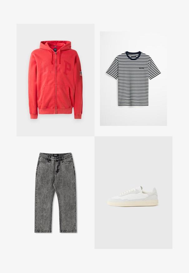 Une veste à capuche zippée rouge avec un grand logo "GAP" discrètement embossé à l'avant et un petit patch drapeau américain sur la manche gauche. En mélange de coton.; T-shirt à manches courtes à rayures horizontales bleu marine et blanches, avec col bleu marine et petit logo Marc O’Polo sur la poitrine.; Jean en denim gris avec finition déchirée, design droit et style à cinq poches. Comprend une étiquette avec "FORMER" sur la ceinture.; Baskets blanches avec dessus en daim et cuir texturé. Caractérisées par un bout arrondi, une fermeture à lacets et une semelle en caoutchouc beige contrastante.