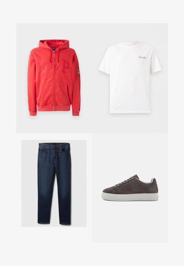 Sudadera con cremallera roja y un gran logo en relieve "GAP" en la parte delantera, además de un pequeño parche de la bandera americana en la manga izquierda. Material de mezcla de algodón.; Camiseta blanca de manga corta y cuello redondo con texto pequeño en cursiva negra "Racing Club Est. 1973" en el pecho izquierdo.; Vaqueros de denim slim fit en azul oscuro con un ligero desvanecimiento en los muslos delanteros, remaches de cobre y estilo clásico de cinco bolsillos, dispuestos sobre un fondo blanco.; Zapatilla de ante gris con suela de goma blanca, puntera redonda, cierre plano con cordones y diseño minimalista.