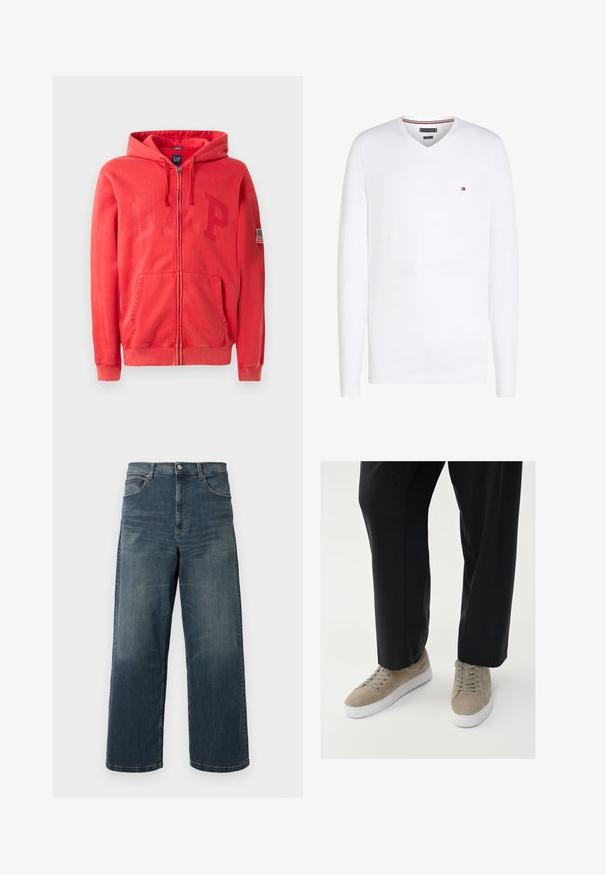Une veste à capuche zippée rouge avec un grand logo "GAP" discrètement embossé à l'avant et un petit patch drapeau américain sur la manche gauche. En mélange de coton.; T-shirt blanc à manches longues avec col en V, petit logo rouge, blanc et noir sur la poitrine gauche et bordure rayée à l'intérieur du col.; Jeans en denim à jambes larges de couleur bleu foncé, avec un effet délavé, un design à cinq poches et des coutures robustes. Fermeture à boutons à la taille.; Baskets en daim gris clair avec une semelle en caoutchouc blanche, dotées de lacets ronds et d'un design minimaliste, associées à un pantalon noir.