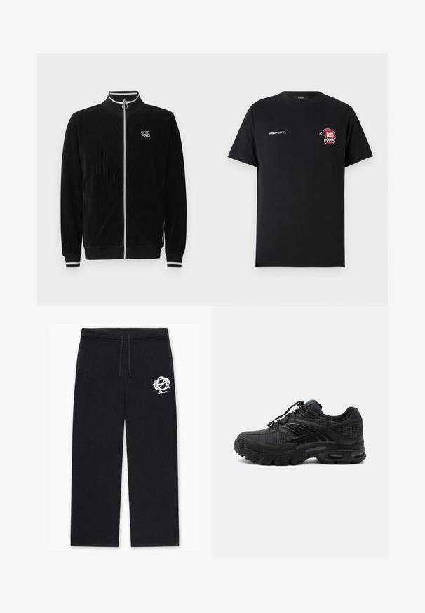 Sort kordfløjlsjakke med lynlås, hvidstripet krave og manchetter, sølvring lynlås og "OPEN ERA"-logo på brystet.; Replay SHORT SLEEVE GRAPHIC - T-shirts print - black; Sorte strikkede bukser med en afslappet pasform, med snøre i taljen og en hvid broderet logo på venstre lår.; Sort atletisk sneaker med tekstureret stof, tyk polstret sål, luftventiler og snørelukning, vist fra siden på en lys baggrund.
