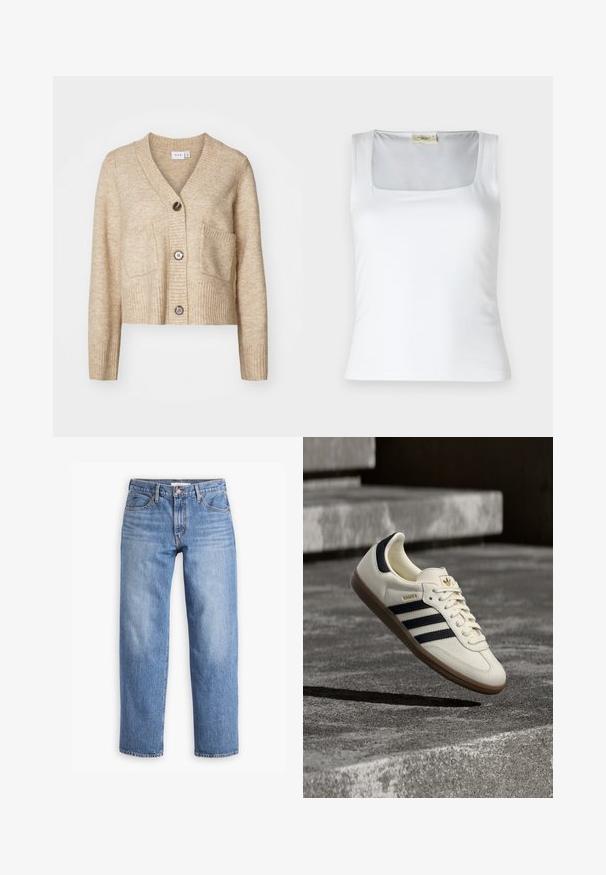 Beez kardigan V-kaelusega, soonilise tekstuuriga, kahte esist taskut ja kolme pruuni nööbiga ees. Pehme, kerge materjal.; Valge ruudukujulise kaelusega tank top, mis on valmistatud siledast kangast. Omab laiad rihmad ja istuvat siluetti. Pole nähtavaid mustreid ega kaunistusi.; Heled sinised teksad sirge säärega, viie taskuga ja lukuga. Kangas on klassikalise struktuuriga pinnaga, millel on kerge tuhmidus.; Valge Adidas Samba toss mustade triipude ja kummist tallaga, hõljuv tekstuurse halli betoonastme kohal.
