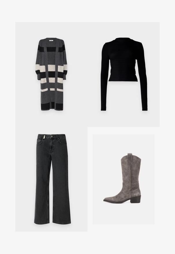 Cardigan long gris avec des rayures verticales noires et crème. Présente un devant ouvert, des manches larges et une coupe décontractée. Texture douce.; Crop top noir à manches longues en texture côtelée, avec un col montant et une coupe ajustée. Style minimaliste sans motifs ni accents visibles.; Jean en denim noir à jambe large avec une taille mi-haute, deux poches avant et des coutures contrastées sur un tissu lisse.; Botte western mi-mollet en suède gris avec bout pointu, languette de tirage et petit talon empilé sur fond blanc.