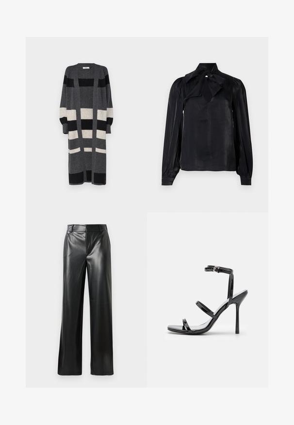 Cárdigan largo gris con rayas verticales negras y crema. Presenta un frente abierto, mangas anchas y un ajuste holgado. Textura suave.; Blusa negra con cuello de lazo y mangas largas. Confeccionada en una tela lisa con un ligero brillo. Presenta un escote en forma de lágrima y mangas con puños.; Pantalones de cuero negro de pierna ancha con una textura suave, que cuentan con una cinturilla de altura media y sutiles líneas de pliegue delantero.; Sandalias de tacón alto de charol negro con tres tiras horizontales y una correa en el tobillo ajustable. Silueta elegante y acabado brillante.