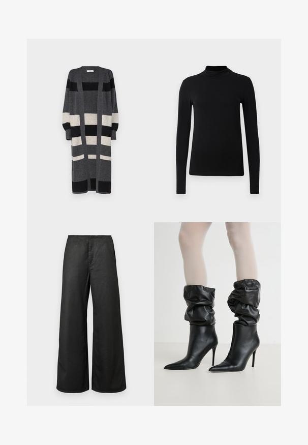 Grå lang cardigan med sorte og cremefarvede lodrette striber. Har åben front, brede ærmer og en afslappet pasform. Blød tekstur.; Sort langærmet turtleneck skjorte lavet af glat stof; tætsiddende design med høj krave og ingen synlige sømme. Enkel, ensfarvet.; Sorte bredbenede bukser med forlommer og høj talje, lavet af et glat stof, præsenteret mod en ensfarvet lys baggrund.; Sorte læderankelstøvler med et afslappet design, spidse tå og højt stilettohæl, med en blød, struktureret finish omkring kanten.